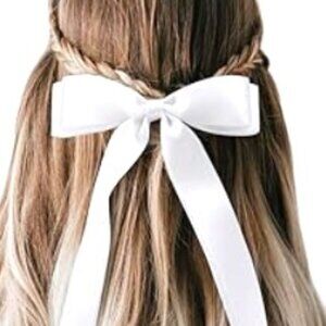 White Solid Silky Satin Hair Accessories: Bows with Long Tails, Daily Wear Clips